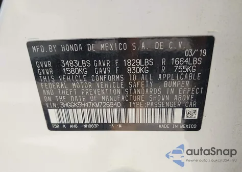 2019 Honda Fit Lx from USA, damaged, VIN 3HGGK5H47KM726940